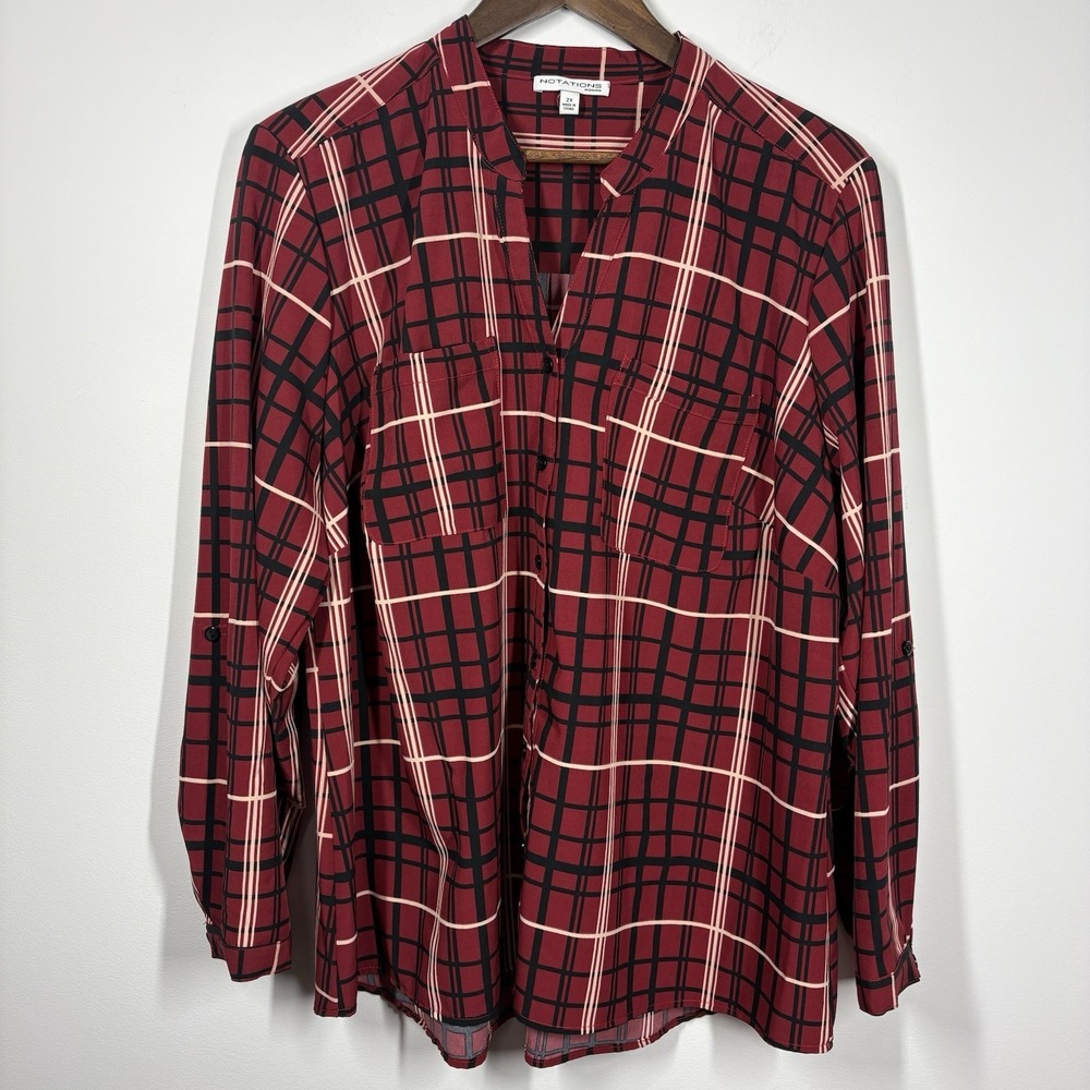 Notations Woman Plaid Button Up Top Size 2X Red Black Roll Tab Sleeve Pockets